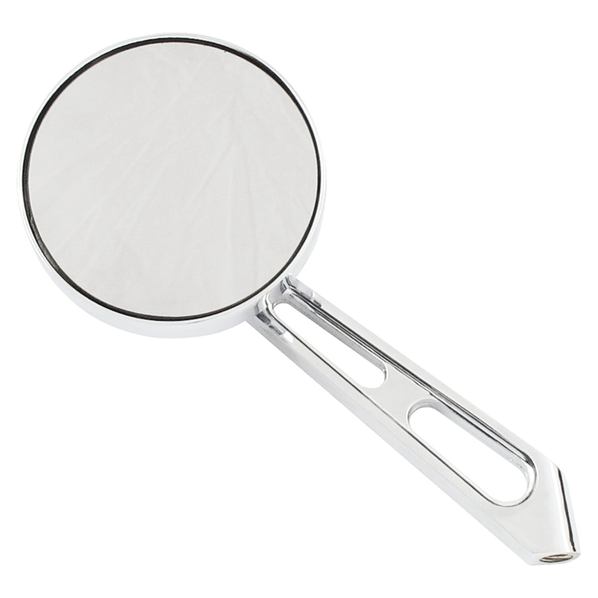 Mini-round aluminum mirror. Chrome, short stem, l&r