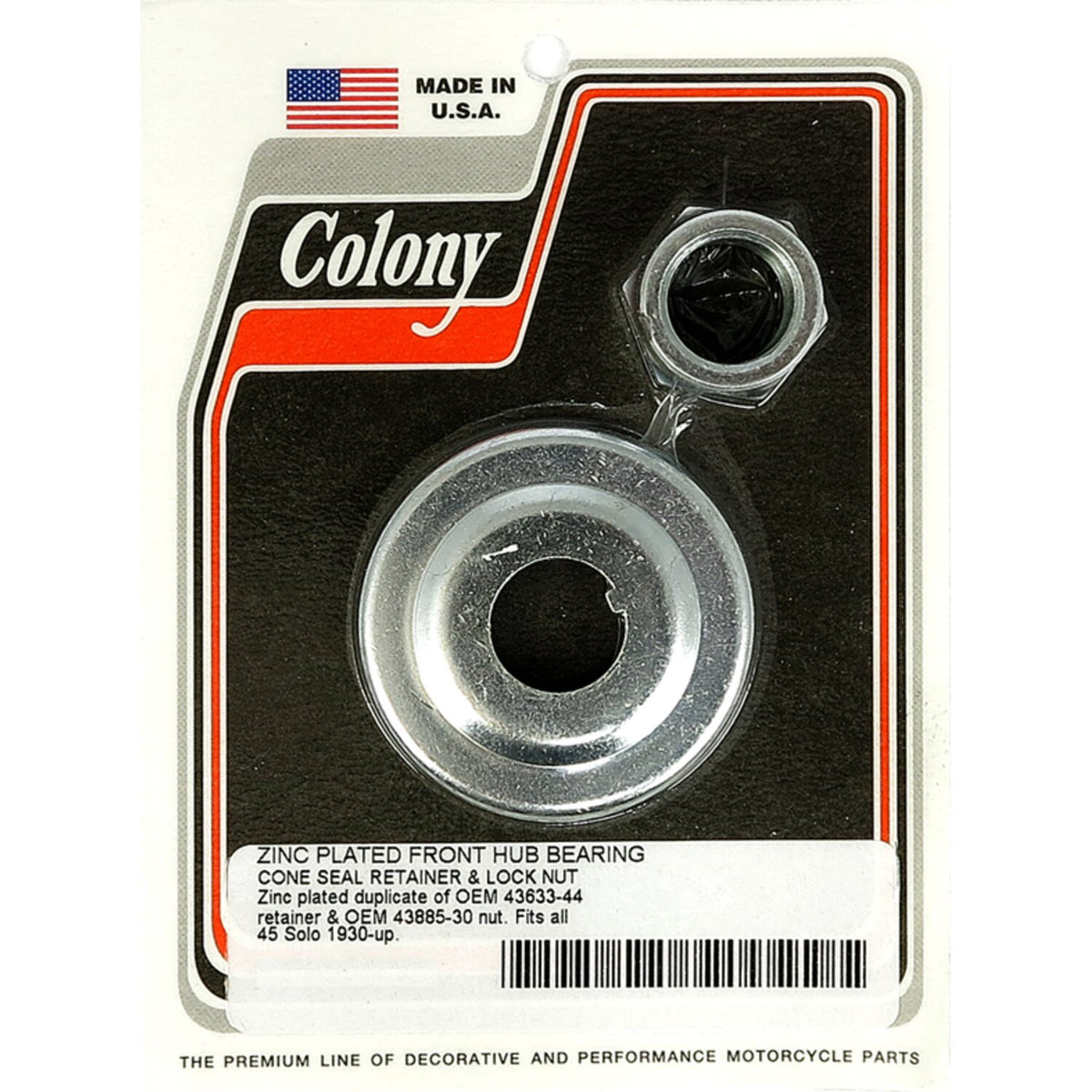 Colony, wheel bearing cone seal retainer & nut kit. Zinc
