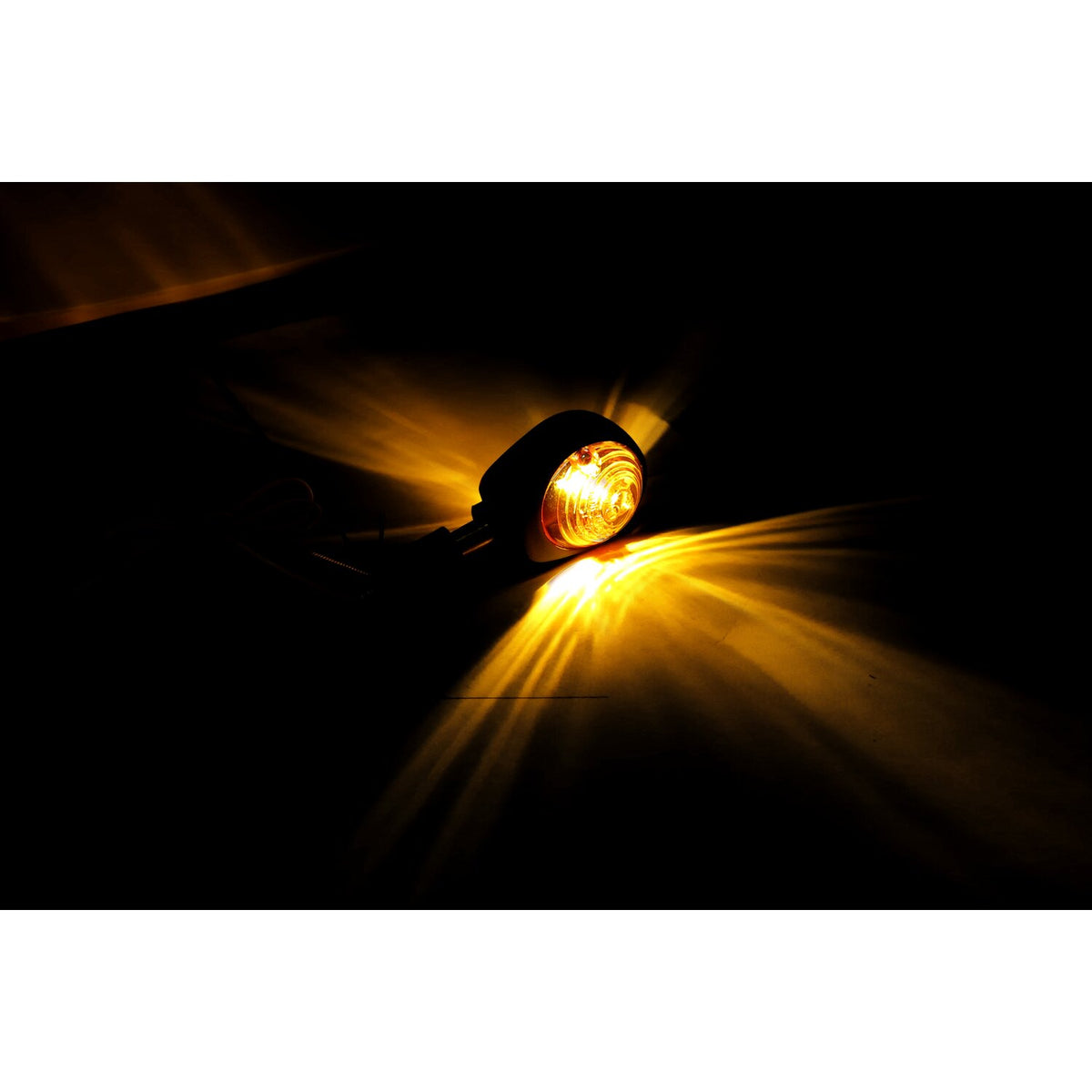 Full size bulls-eye, in-bar turn signals. Black. Amber lens