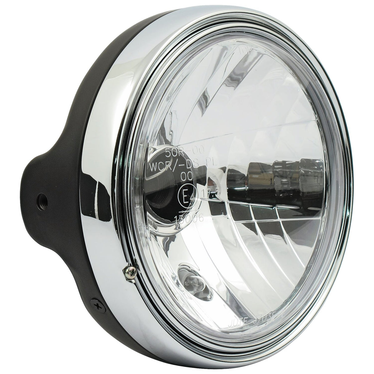 LTD style 7" H4 headlamp. side mount. Clear lens. Black