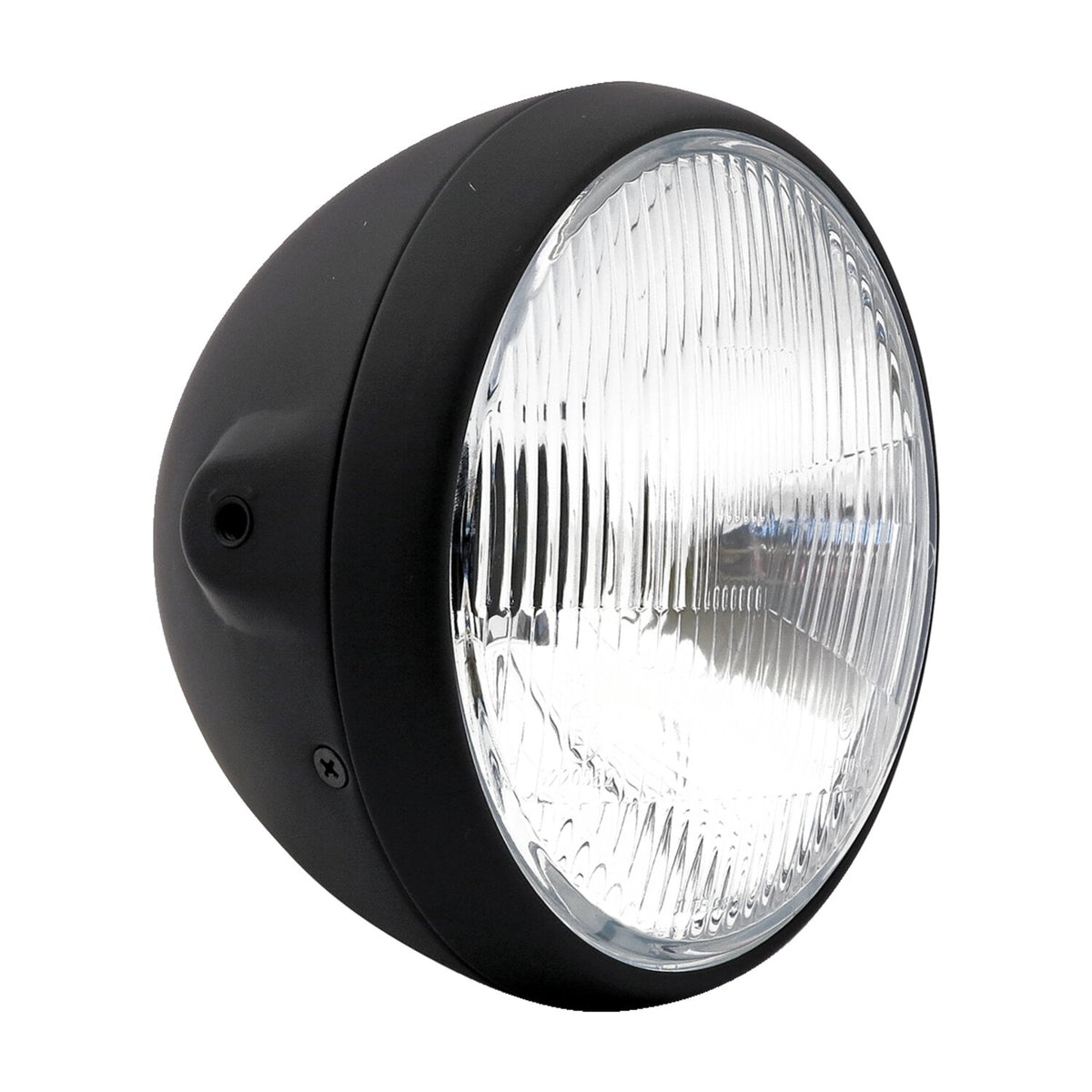 British style 7" H4 headlamp. side mount. Black