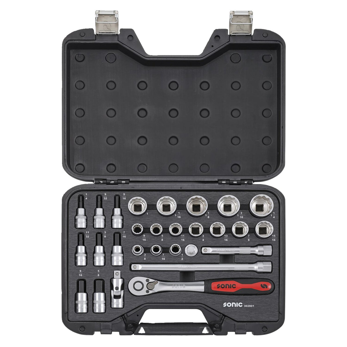 Sonic, combination socket set 1/2'', 28-piece. US/SAE sizes