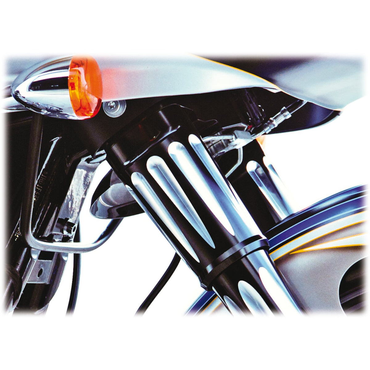 Arlen Ness, Deep Cut fork boots. Black contrast machined