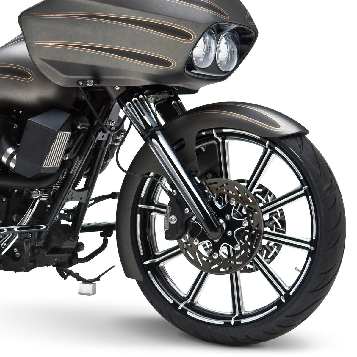 Arlen Ness, Deep Cut fork boots. Black contrast machined