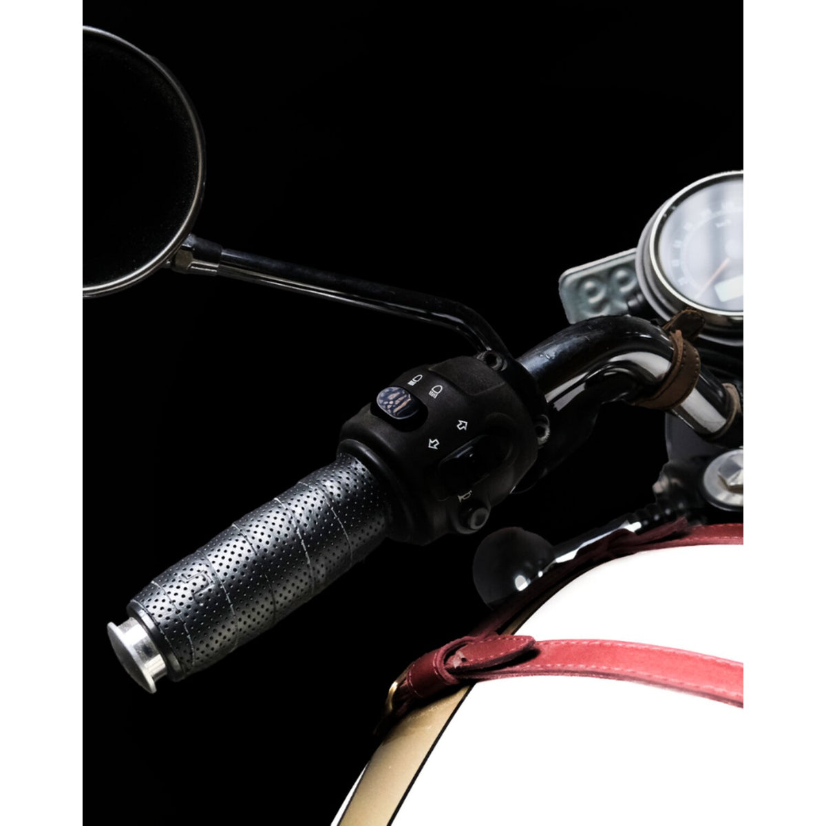 Trip Machine, leather handlebar grip wraps. Black perforated