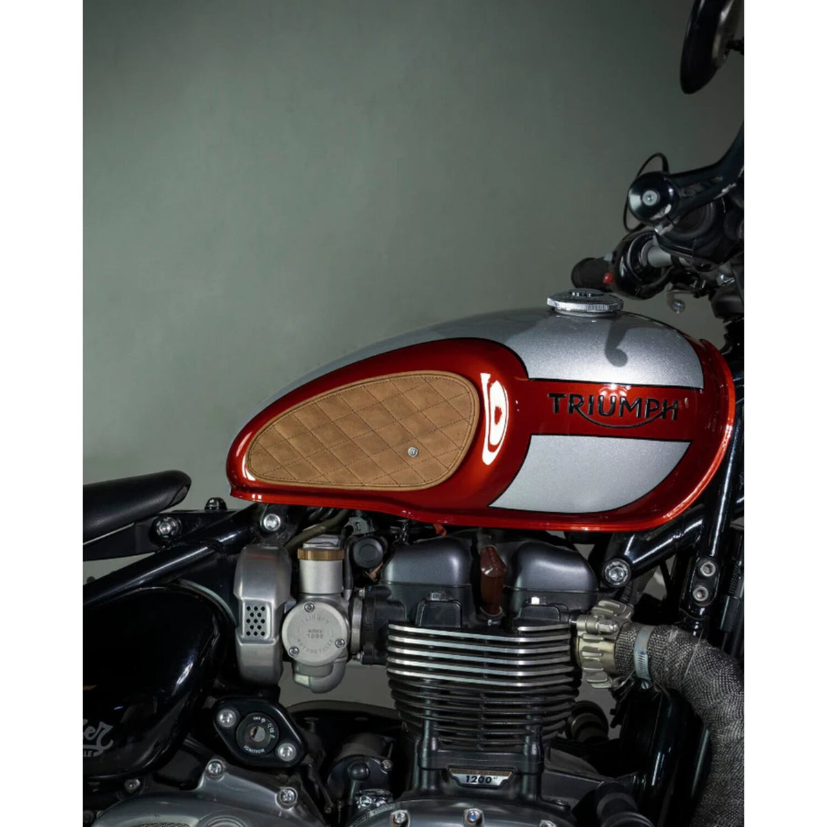 Trip Machine, Diamond leather gas tank pad set. Tobacco